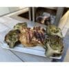 Grilled chicken halves roasted over a wood fire on an Argentinian grill