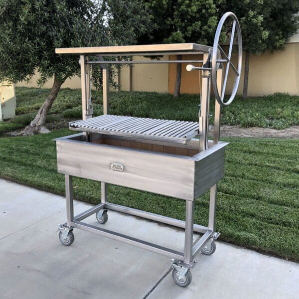All stainless grill on casters for wood or charcoal.