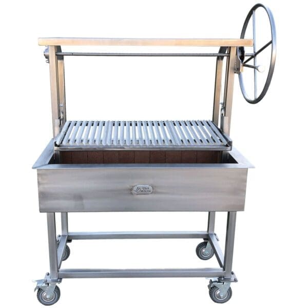 Dual rack stainless steel portable grill with large wheel and rods