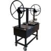 Dual crank Santa Maria Style grill with caster tires and adjustable grates.