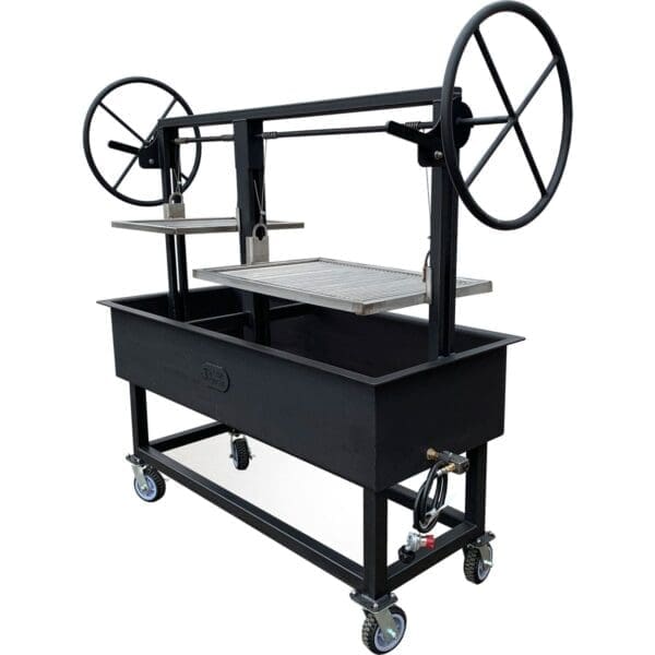 Dual split adjustable grill with large wheels.