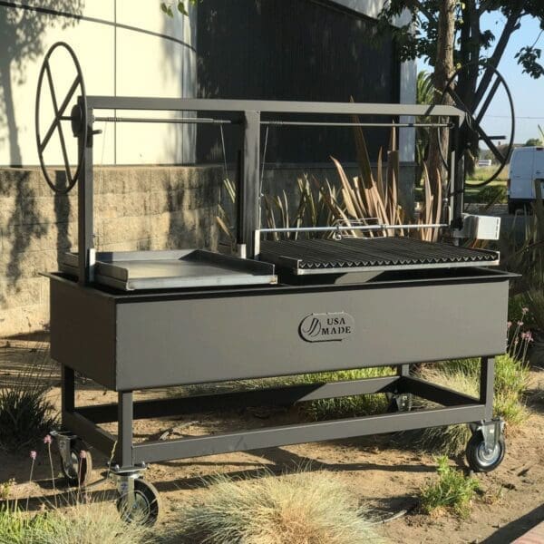 A commercial size grill for cooking outdoors with charcoal or wood.