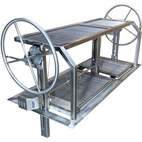 High end stainless grill with upper and lower racks for cooking and finishing steaks