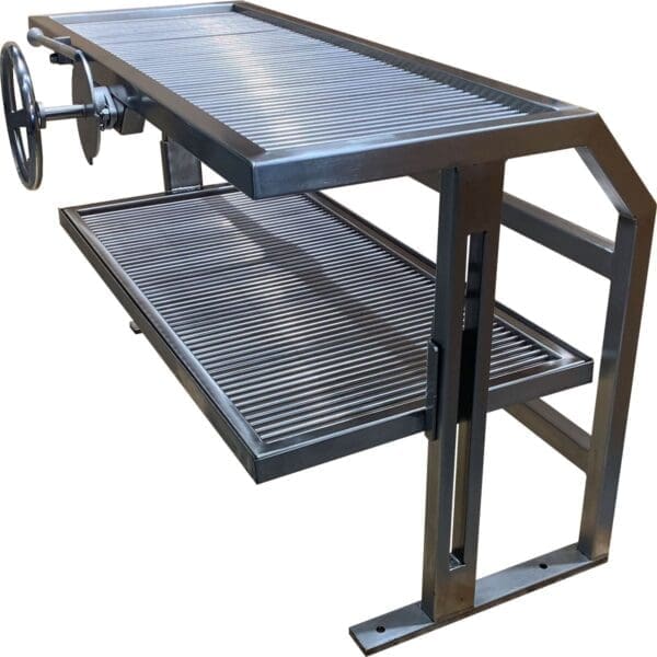 Stainless grill with front wheel crank and height adjustable Argentine grate