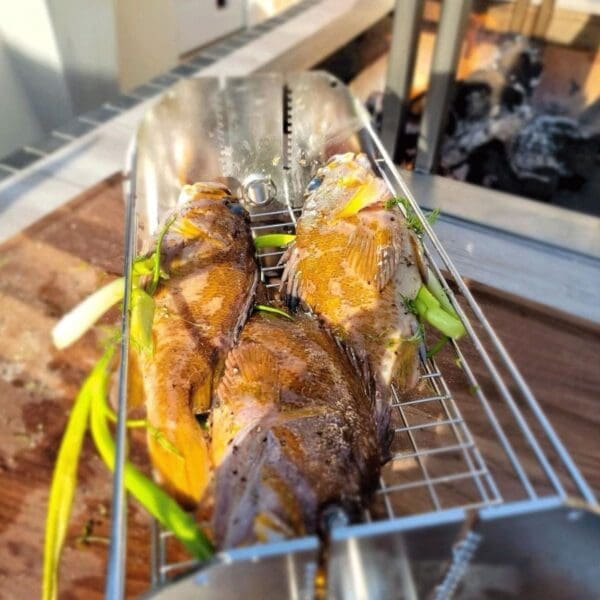 Grilling fish in a rotisserie basket on a wood grill.