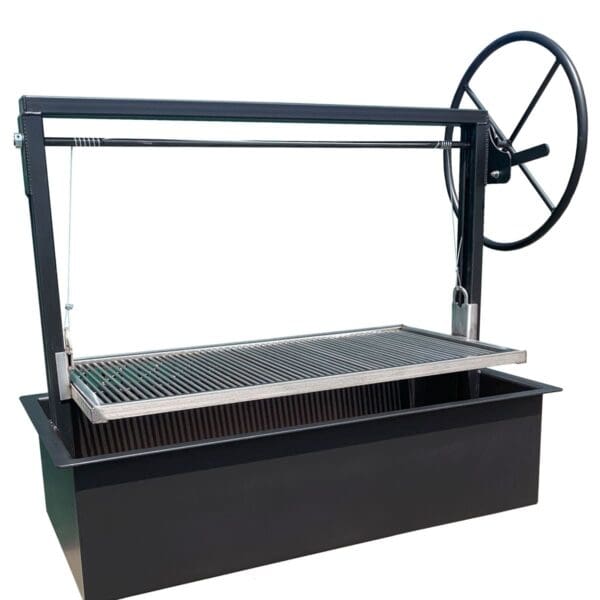 Argentine Gaucho grill with grill grate that lifts up and down.