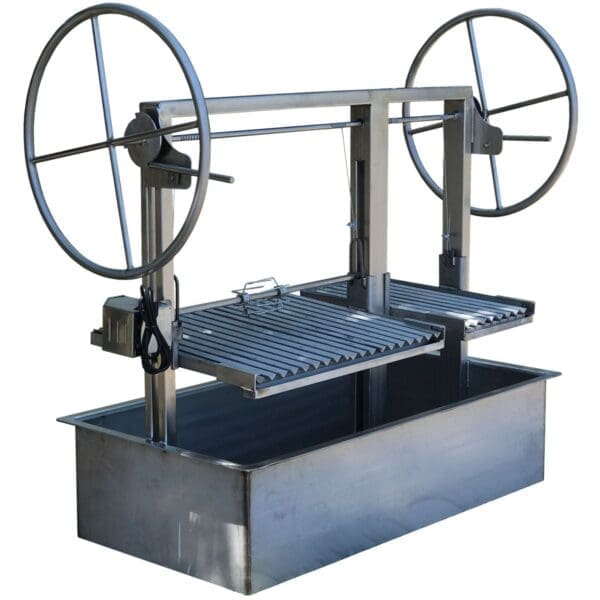 A charcoal grill has adjustable grates to keep food off the fire.