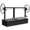 Height adjustable charcoal grill with rotisserie attachment.
