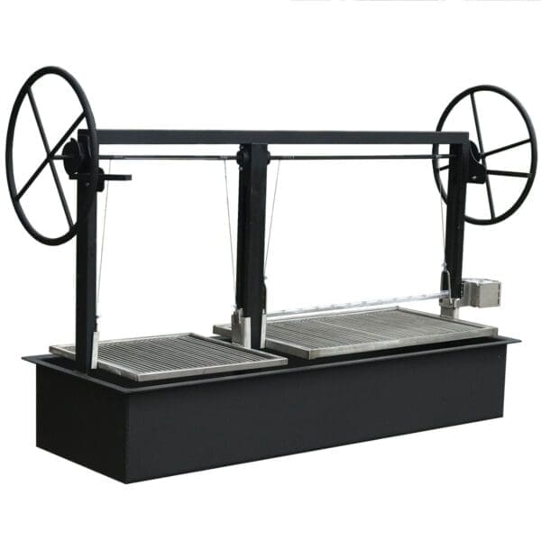 Height adjustable charcoal grill with rotisserie attachment.