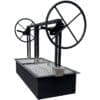 Height adjustable bbq grill with dual grates and large wheels.