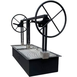 Height adjustable bbq grill with dual grates and large wheels.