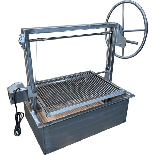 Gaucho grill with moving cooking surface for an outdoor kitchen island in stainless steel.