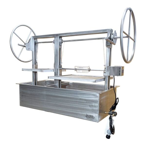 Stainless steel high quality barbecue pit with large wheels and rotisserie.